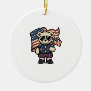 Patriotic Teddy Bear Vintage Engraving Shirt Desig Ceramic Tree Decoration