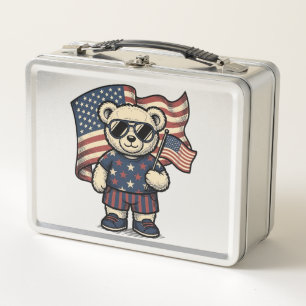 Patriotic Teddy Bear Vintage Engraving Shirt Desig Metal Lunch Box