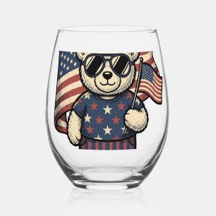 Patriotic Teddy Bear Vintage Engraving Shirt Desig Stemless Wine Glass
