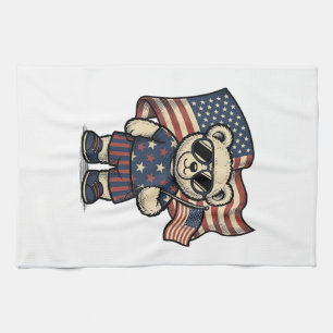 Patriotic Teddy Bear Vintage Engraving Shirt Desig Tea Towel
