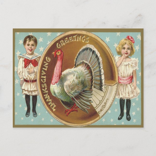 Patriotic Thanksgiving Turkey Children Stars Holiday Postcard (Front)