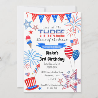 Patriotic third birthday kids invitation