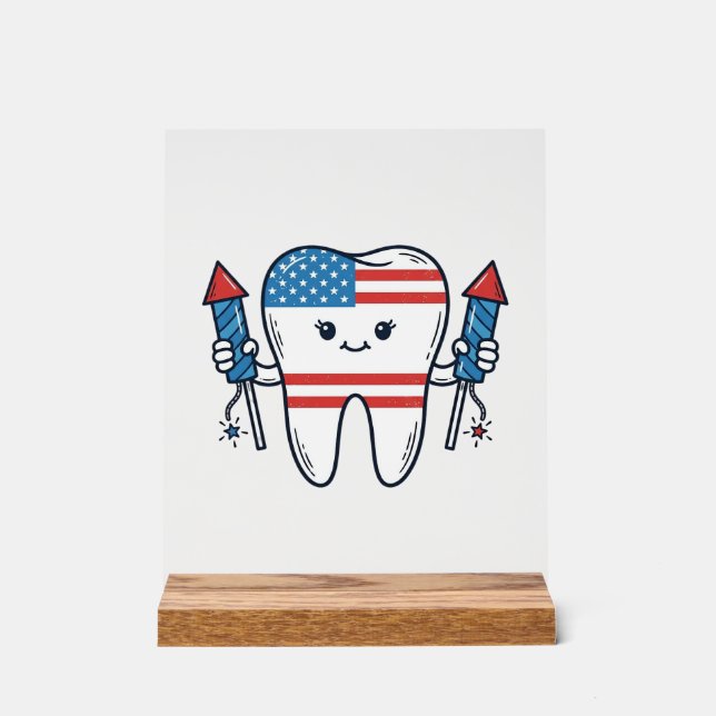 Patriotic Tooth Mascot Fireworks Vector Design_1 Acrylic Sign (Front)