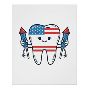Patriotic Tooth Mascot Fireworks Vector Design_1 Poster