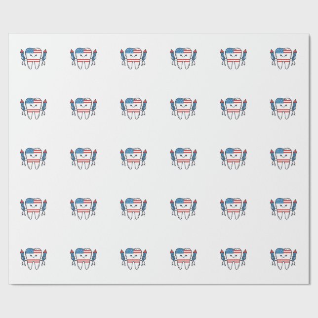 Patriotic Tooth Mascot Fireworks Vector Design_1 Wrapping Paper (Flat)