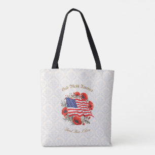 Patriotic Tote Bag God Bless America Flag Poppies