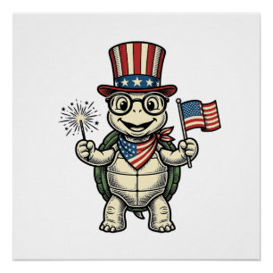 Patriotic Turtle Vintage Engraving Graphic for Whi Poster