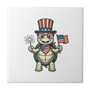 Patriotic Turtle Vintage Engraving Graphic for Whi Tile