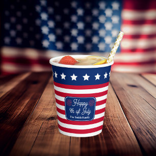 Patriotic U.S. Flag Happy 4th of July Family Name Paper Cups