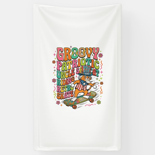 Patriotic Uncle Sam Cat Retro Typography T-Shirt ( Banner (Vertical)
