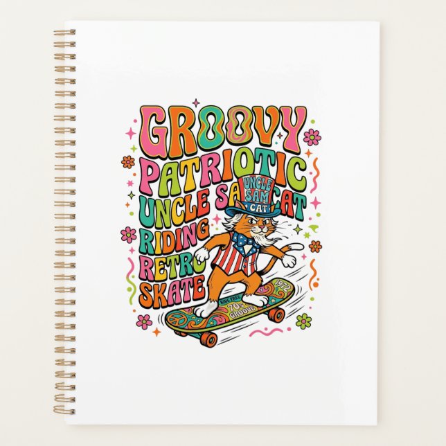 Patriotic Uncle Sam Cat Retro Typography T-Shirt ( Planner (Front)