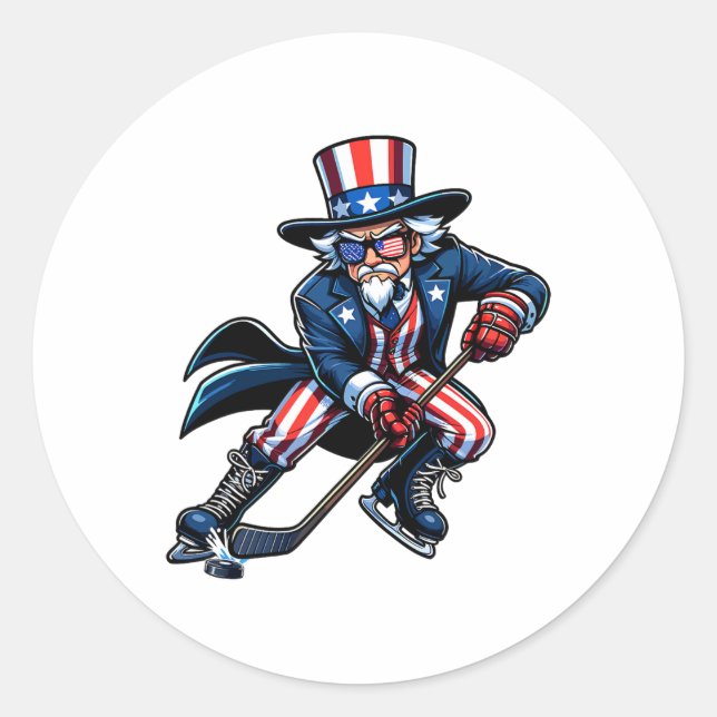 Patriotic Uncle Sam Hockey Player 4th Of July Men  Classic Round Sticker (Front)