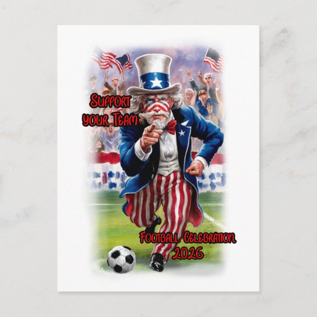 Patriotic Uncle Sam playing Soccer on a Holiday Postcard (Front)
