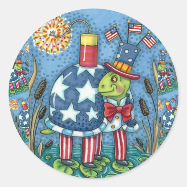 PATRIOTIC UNCLE SAM TURTLE, FUNNY FIRECRACKER Cute Classic Round Sticker (Front)