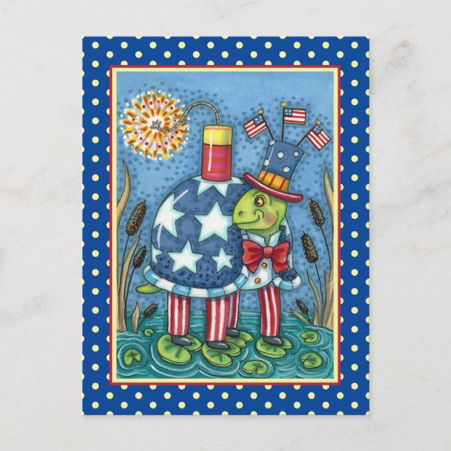 PATRIOTIC UNCLE SAM TURTLE, FUNNY FIRECRACKER Cute Holiday Postcard (Front)
