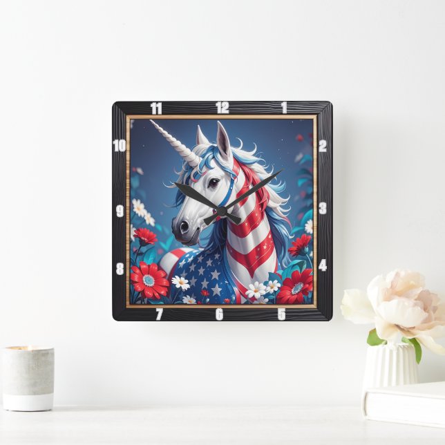 Patriotic Unicorn Stars Stripes Floral Square Wall Clock (Home)