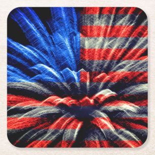 Patriotic United States Flag Fireworks Square Paper Coaster