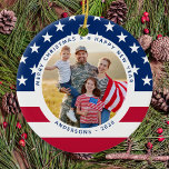 Patriotic US American Flag Personalised 2 Photo Ceramic Tree Decoration<br><div class="desc">American Flag Christmas Ornament. This patriotic stars and stripes usa flag christmas ornament will be a treasured keepsake. Ornament is double sided, you can do 2 favourite photos, one on each side. Perfect for military, patriotic family, and all those who love the American Flag. Personalise name on the front, and...</div>