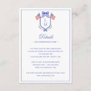 Patriotic US Flag Crest   Monogram Wedding Details Enclosure Card