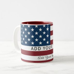 Patriotic US Flag Custom Text Name Two-Tone Coffee Mug