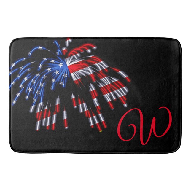 Patriotic US Flag Fireworks Red Monogram Bath Mat (Front)