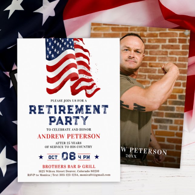 Patriotic US Flag Photo Portrait Retirement Party Invitation (Creator Uploaded)