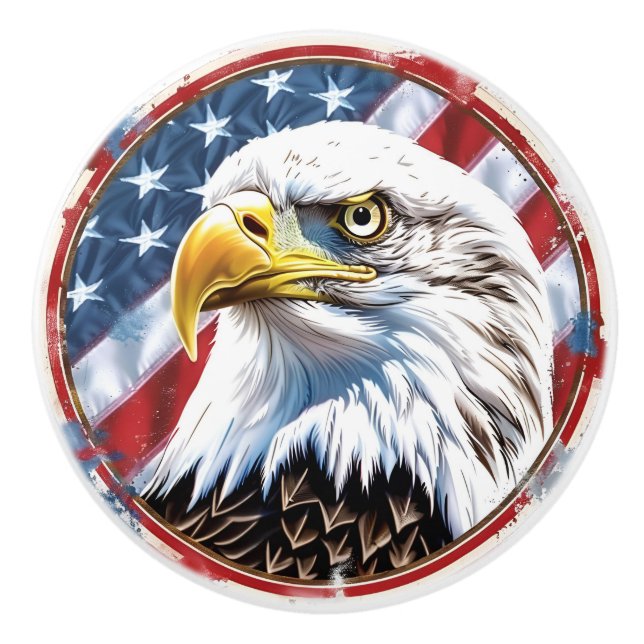 Patriotic US Flag Rustic Bald Eagle Ceramic Knob (Front)