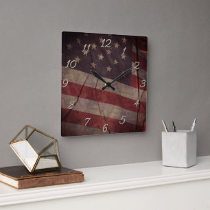 Patriotic US Flag Segment Over Rustic Cracked Wood Square Wall Clock