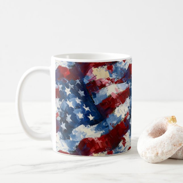 Patriotic US Flag  Stars and Stripes Inspired Coffee Mug (With Donut)