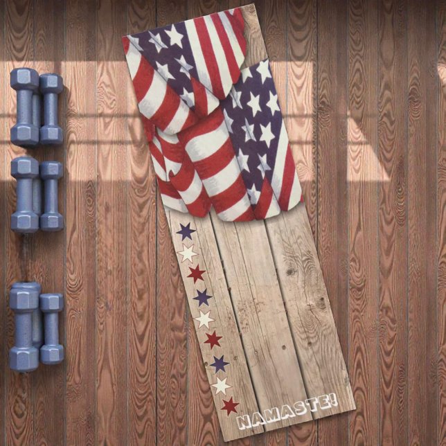 Patriotic US Red White Blue Stars Namaste Custom Yoga Mat (patriotic yoga mat with template text overhead view )