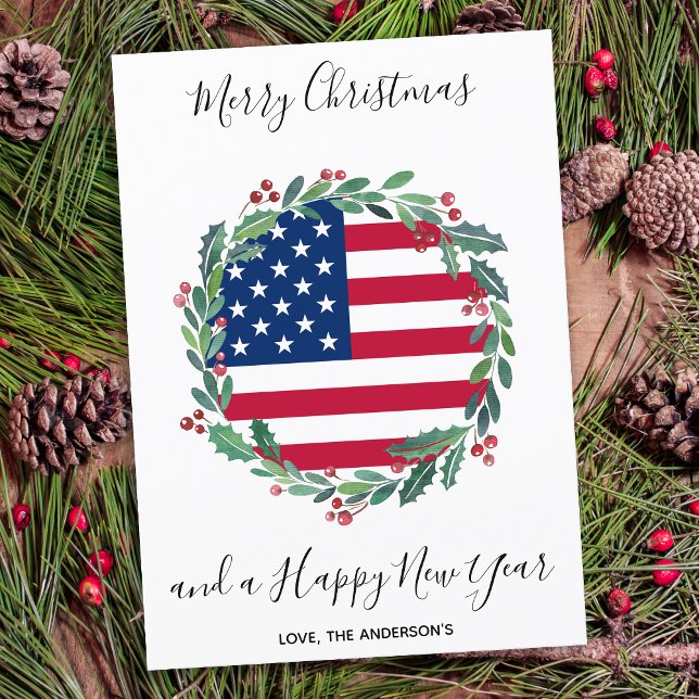 Patriotic USA American Flag Christmas Wreath Holiday Card (Creator Uploaded)