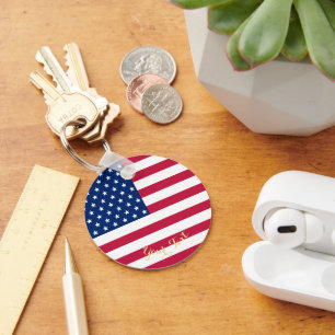 Patriotic USA American Flag Faux Gold Monogrammed Key Ring