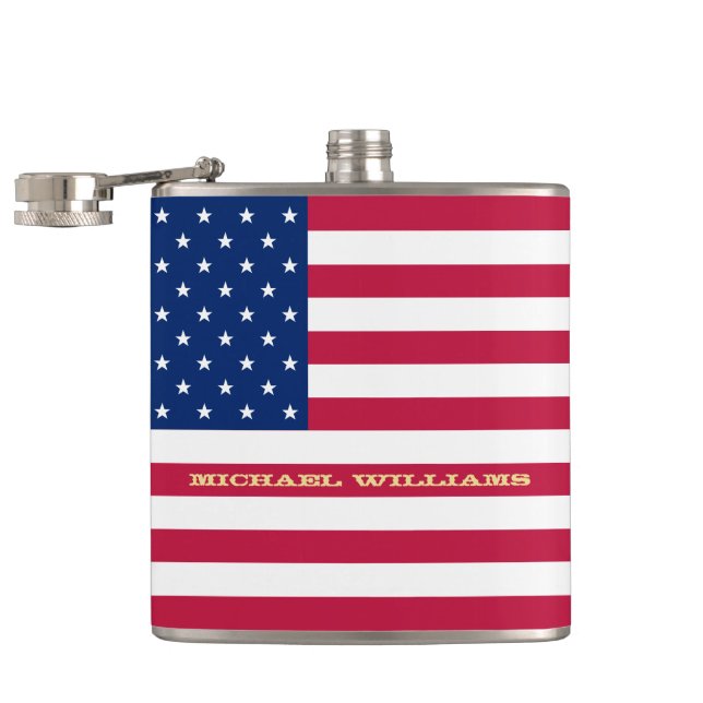 Patriotic USA American Flag Monogrammed Birthday Hip Flask (Opened)