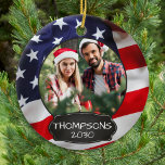 Patriotic USA American Flag Personalized 2 Photo Ceramic Tree Decoration<br><div class="desc">USA American Flag Christmas Ornament. This patriotic stars and stripes usa flag christmas ornament will be a treasured keepsake. Ornament is double sided, you can do 2 favorite photos, one on each side. Perfect for military, soldier Christmas ornament, military veteran, patriotic family.. Personalize name on the front, and date on...</div>