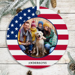 Patriotic USA American Flag Personalized Photo Metal Tree Decoration<br><div class="desc">American Flag Christmas Ornament. This patriotic stars and stripes usa flag christmas ornament will be a treasured keepsake. Ornament is double sided, you can do 2 favorite photos, one on each side. Perfect for military, patriotic family, and all those who love the American Flag. Personalize name on the front, and...</div>