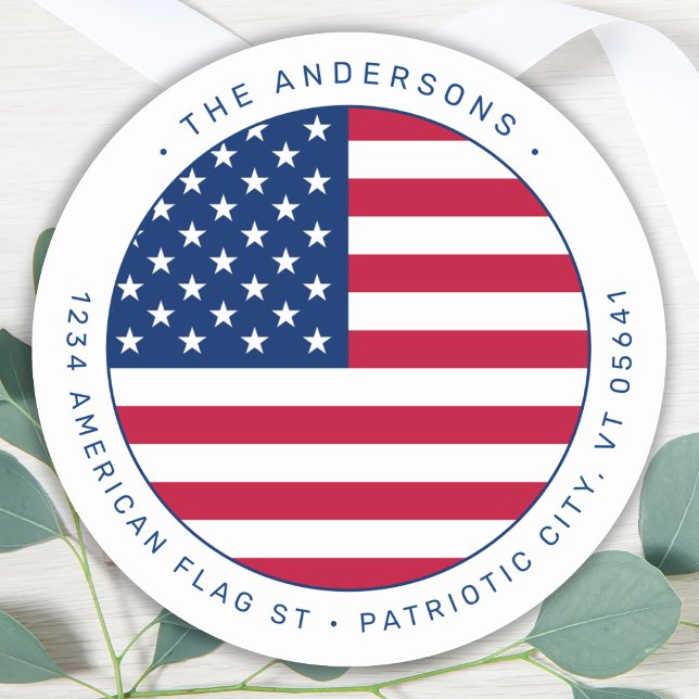 Patriotic USA American Flag Return Address Classic Round Sticker (Creator Uploaded)