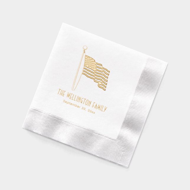 Patriotic USA American Flag Waving Name Date Foil Napkins (Left)
