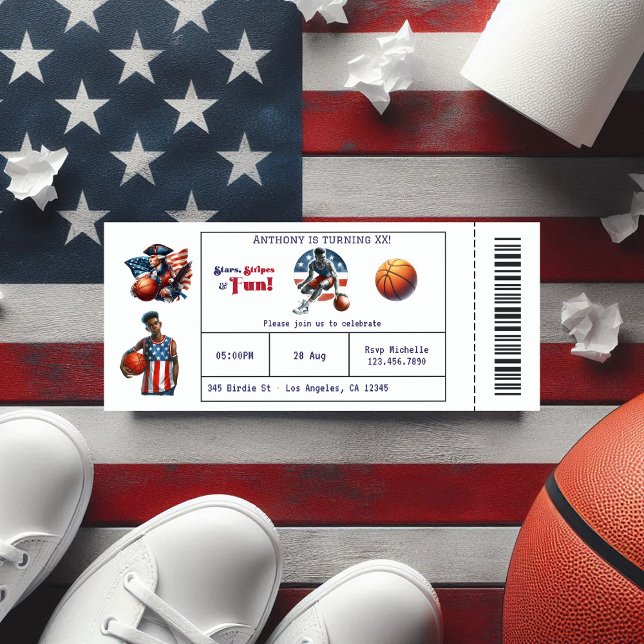 Patriotic USA Basketball Ticket Birthday Party Invitation (Patriotic USA Basketball Ticket Birthday Party Invitation)