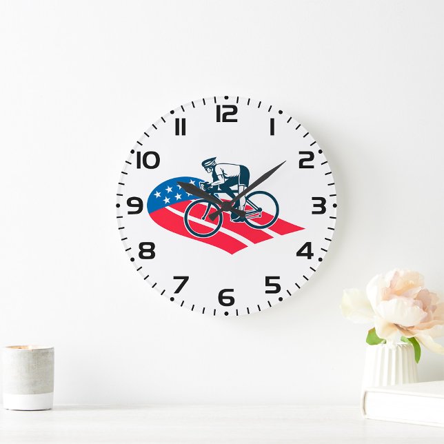 Patriotic USA Cycling American Flag Bike Rider  Large Clock (Creator Uploaded)