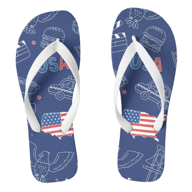 Patriotic USA Doodle Pattern Blue American Flag  Jandals (Footbed)