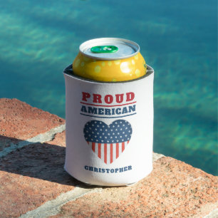 Patriotic USA Flag Heart "Proud American" Name  Can Cooler