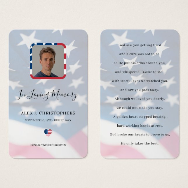 Patriotic USA Flag Military Photo Funeral Cards (Front & Back)