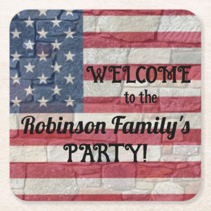 Patriotic USA Flag on Stone Wall Calligraphy Text Square Paper Coaster