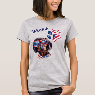 Patriotic USA Flag Paw Print Dachshund Dog T-Shirt