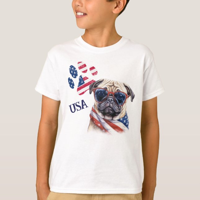 Patriotic USA Flag Paw Print Pug Dog T-Shirt (Front)