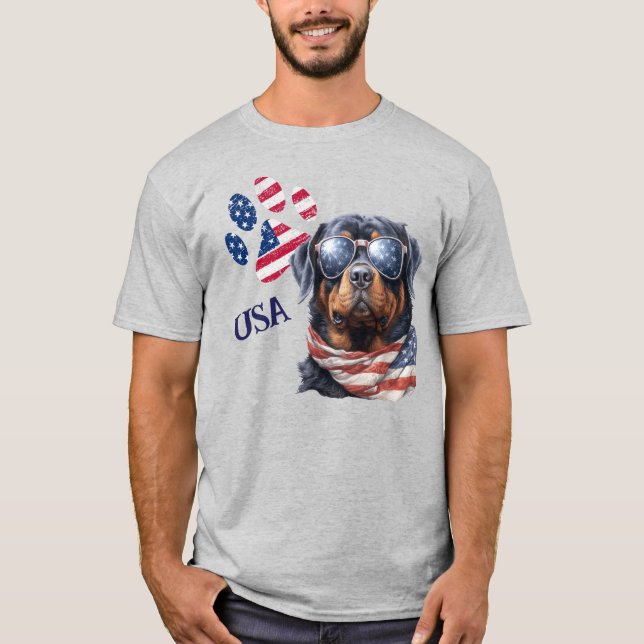 Patriotic USA Flag Paw Print Rottweiler Dog T-Shirt (Front)