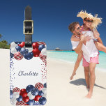 Patriotic USA flag red white blue name Luggage Tag<br><div class="desc">White background decorated patriotic coloured balloons in red,  blue and white.  Personalise and add a name. Your contact information on the back.</div>