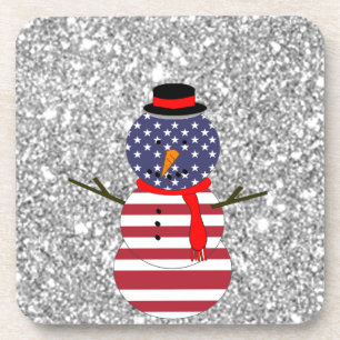 Patriotic USA flag Snowman Glitter Christmas Coaster