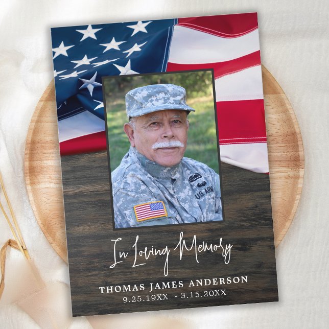 Patriotic USA Flag Veteran Photo Memorial Funeral  Thank You Card (Creator Uploaded)