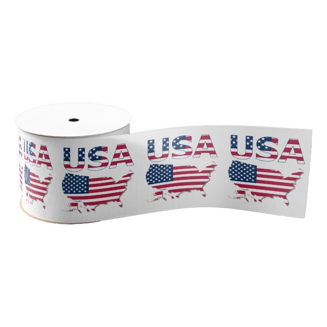 Patriotic USA Lettering and American Flag Over Map Grosgrain Ribbon (Spool)